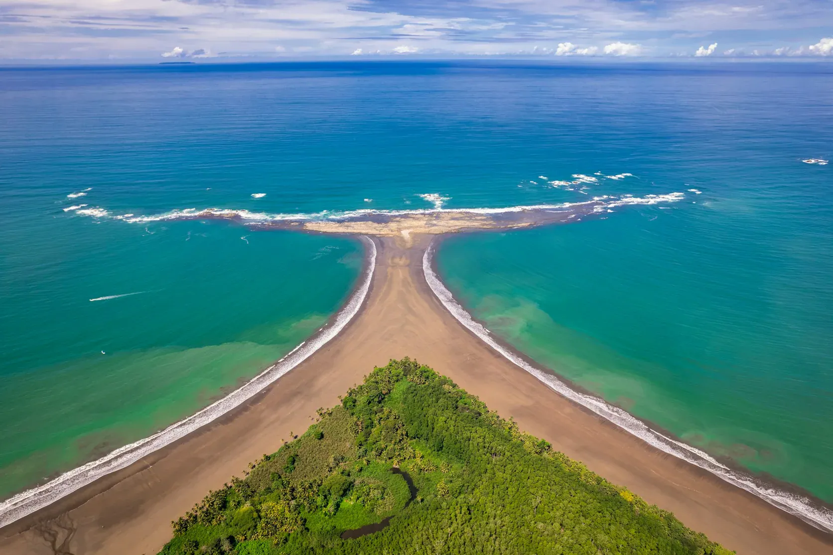 Aerial view of the whale's tail sandbar at Marino Ballena National Park, Uvita, Costa Rica