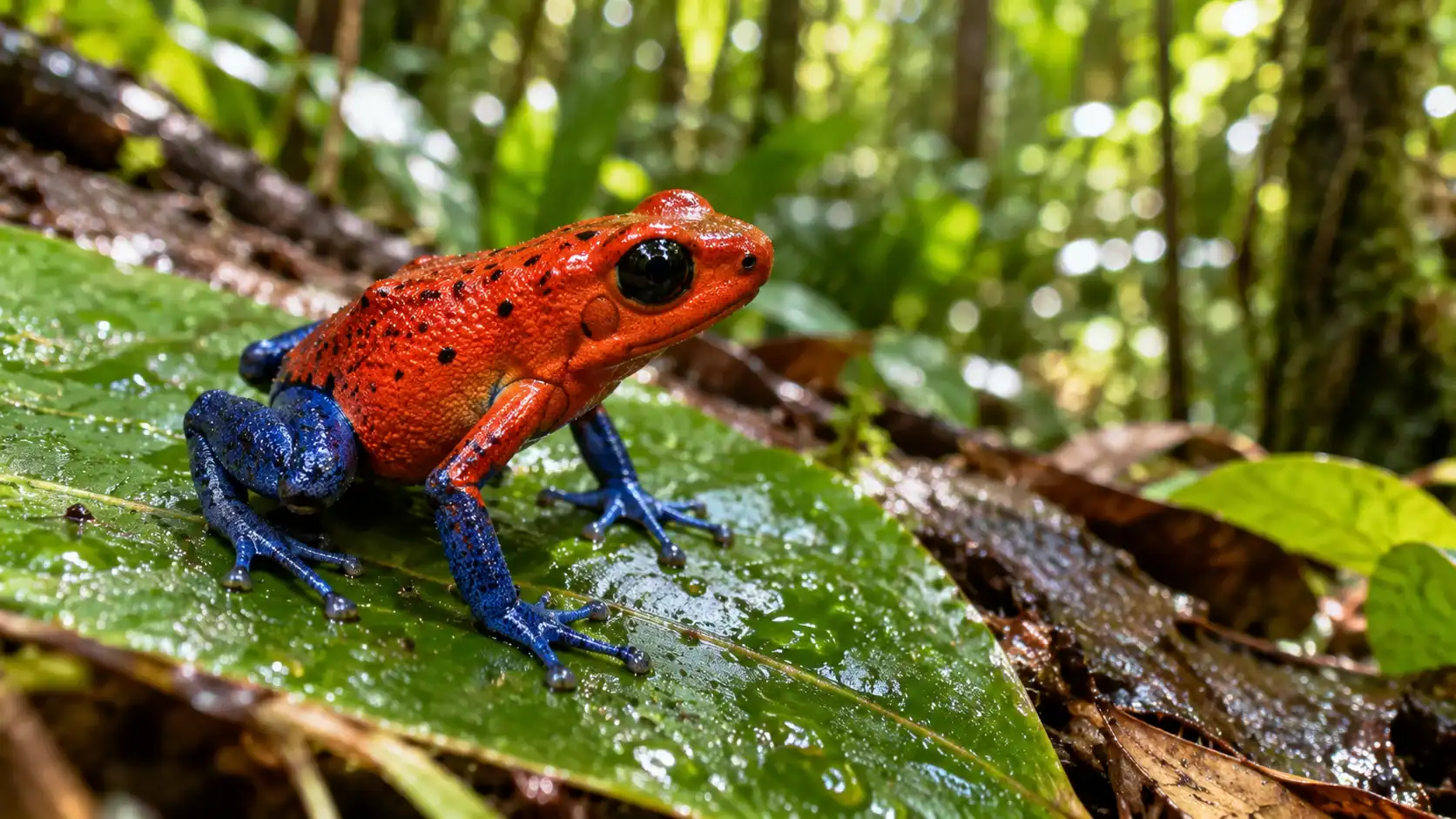 Strawberry poison dart frog, the red-and-blue blue jeans form, sitting on a wet leaf on the Costa Rican rainforest floor