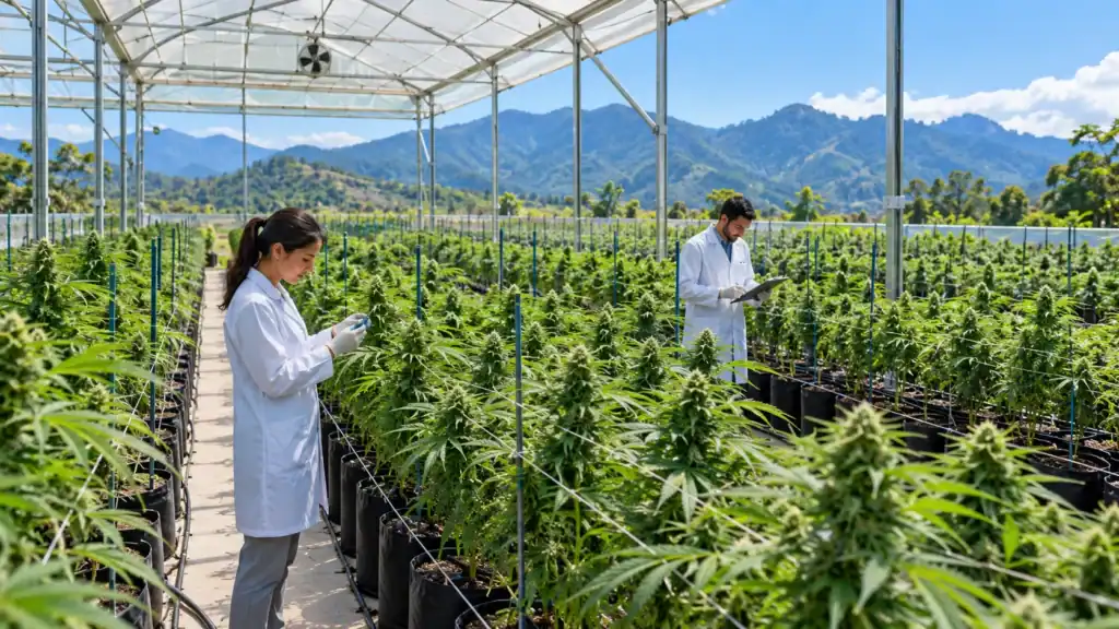 Workers checking plants in a licensed medical cannabis greenhouse in Costa Rica's Central Valley