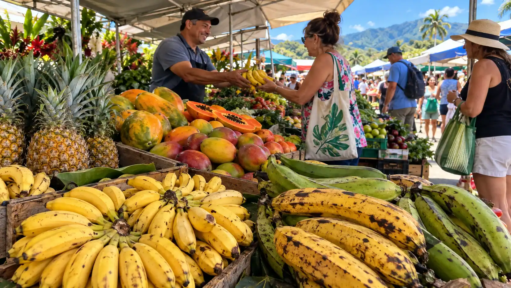 Small yellow bananas beside larger cooking plantains, with pineapples, papayas and mangoes, at a Costa Rican farmers market stall