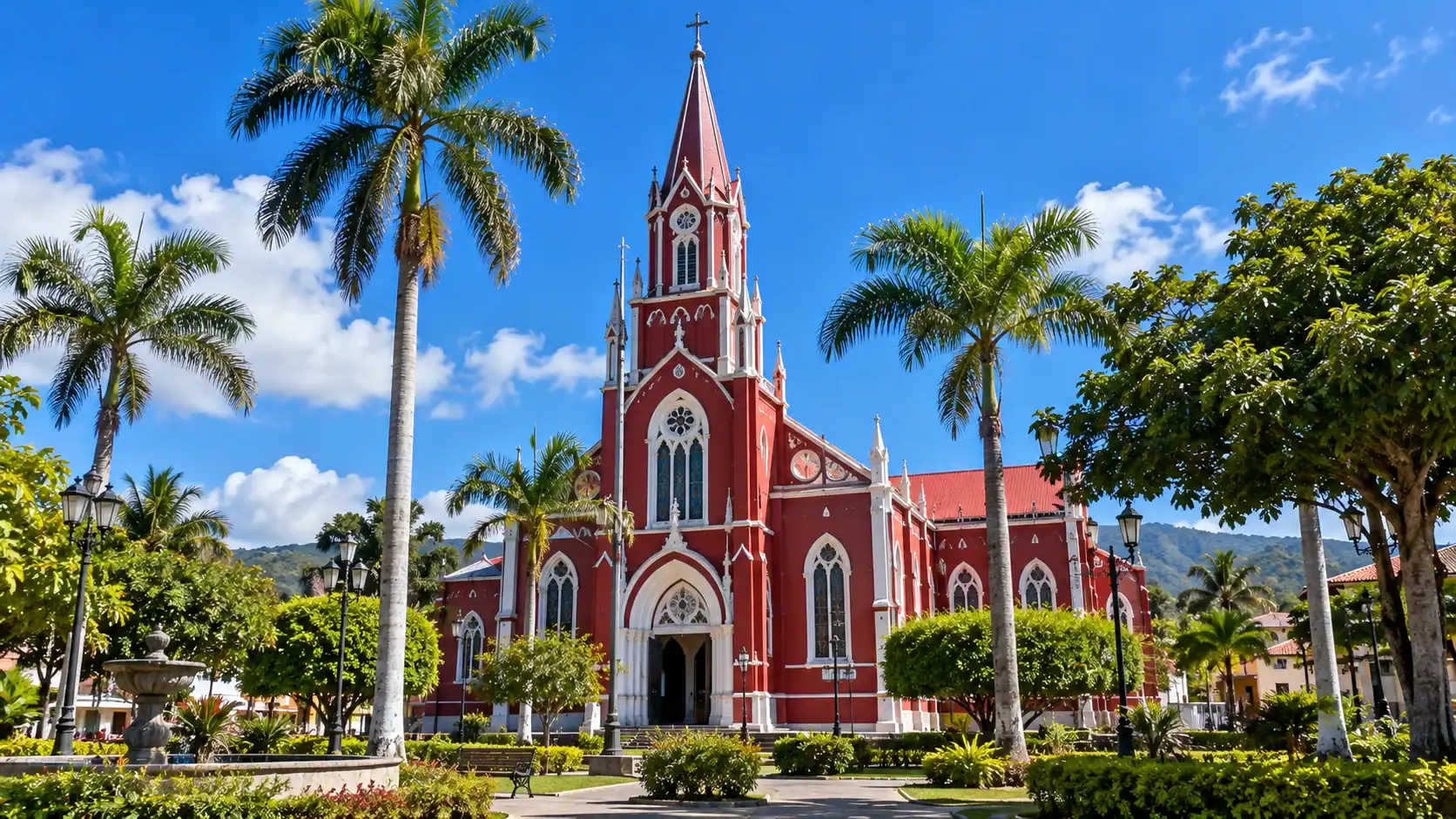 The red metal church of Grecia, Costa Rica, framed by palm trees under a blue sky