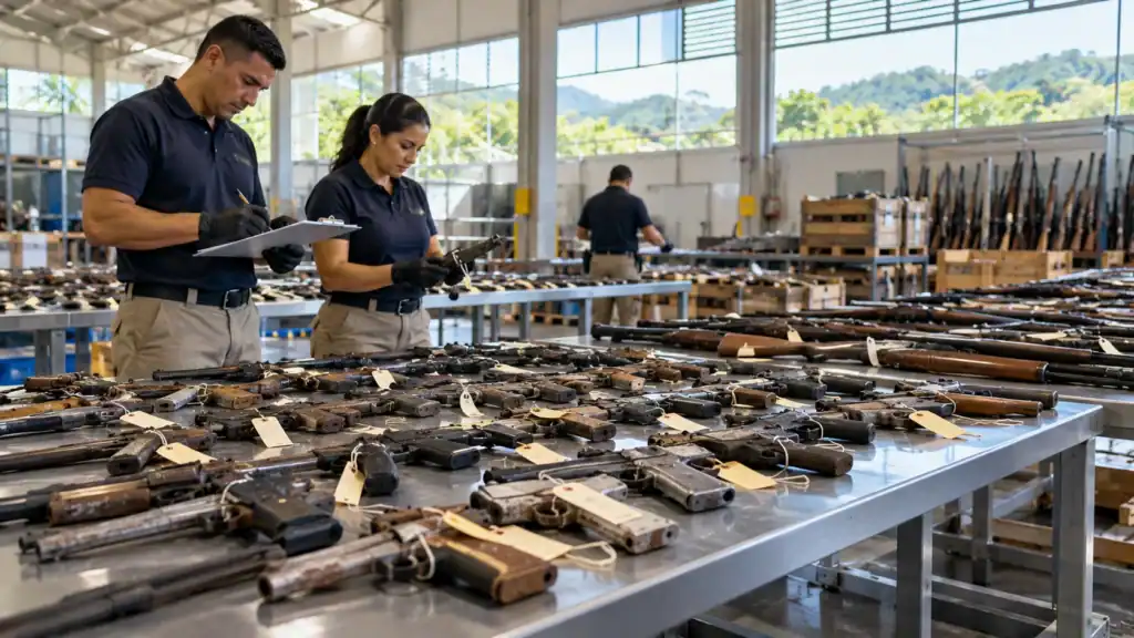 Staff check old, tagged firearms laid out on tables before they are destroyed