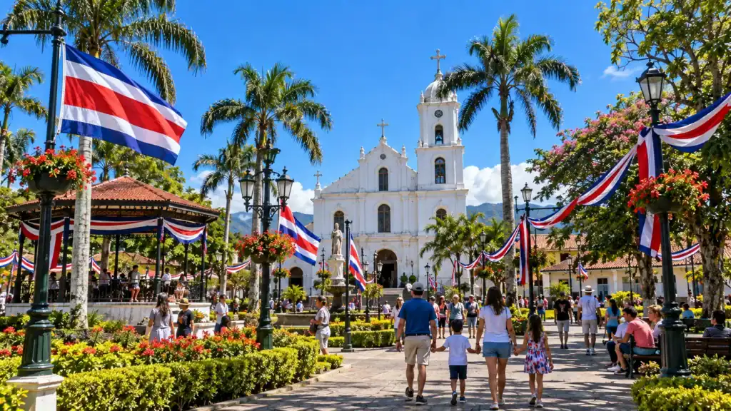 A Costa Rican town plaza decorated with national flags and blue, white and red bunting for a public holiday