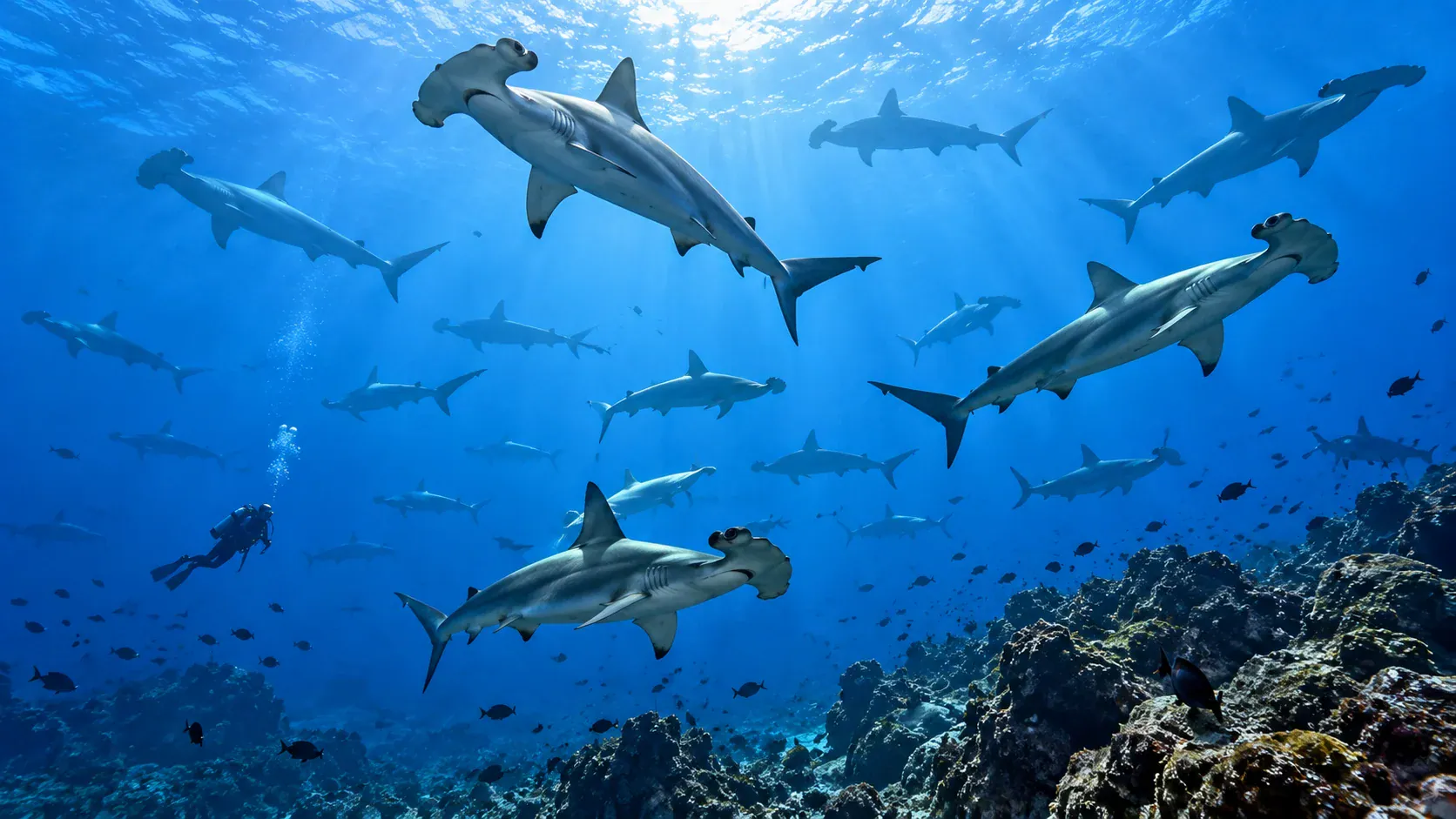 A school of scalloped hammerhead sharks swimming over a rocky reef at Isla del Coco, Costa Rica, with a diver in the distance