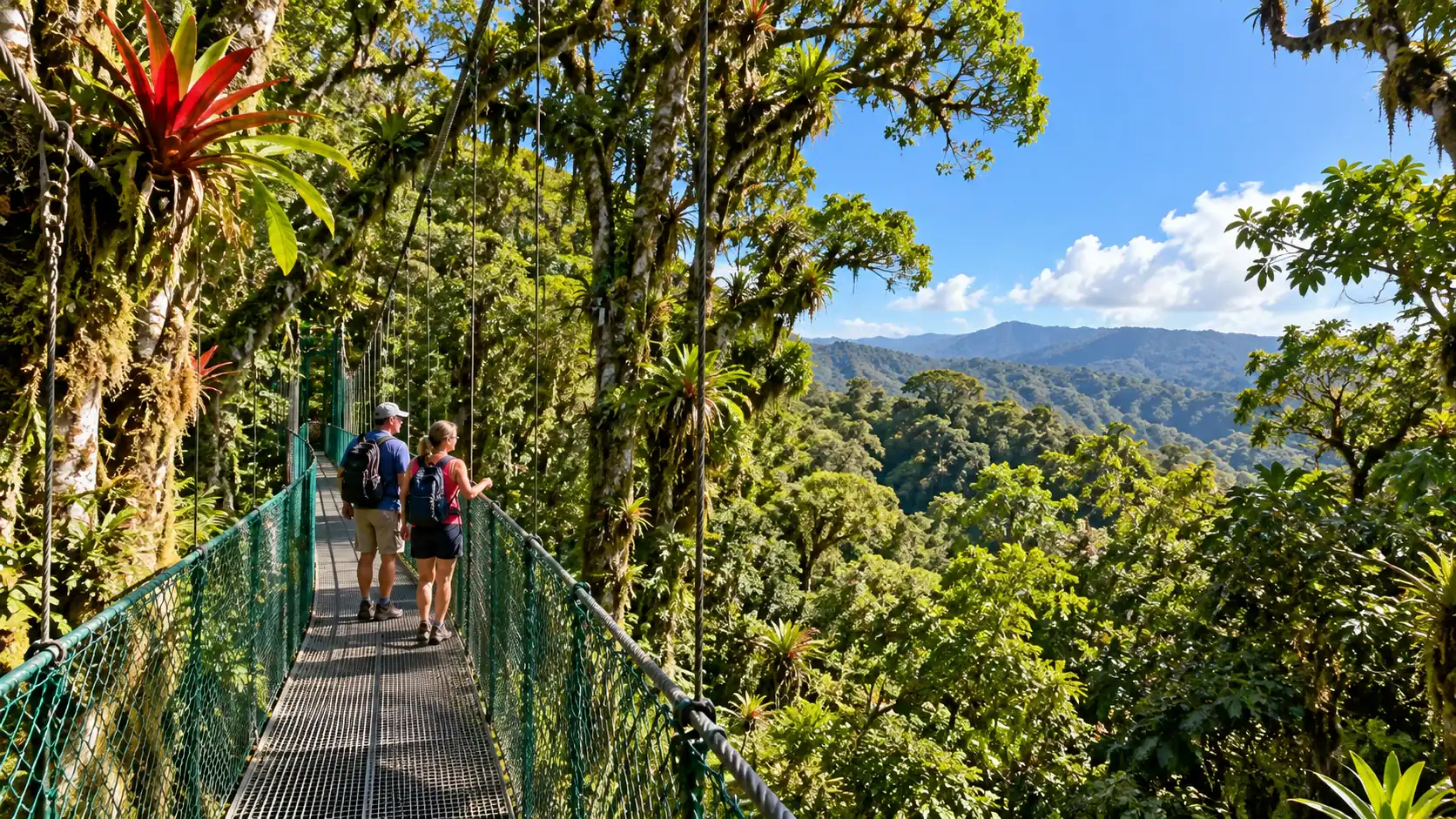 A couple crossing a hanging bridge through the sunny Monteverde cloud forest canopy in Costa Rica