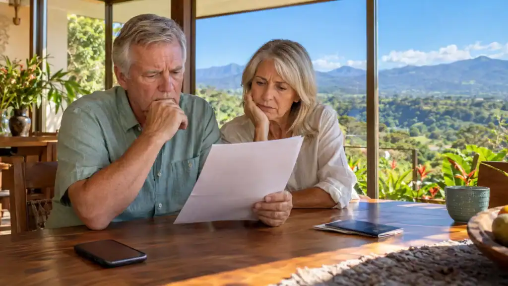 A worried retired couple reading a letter at their kitchen table in Costa Rica