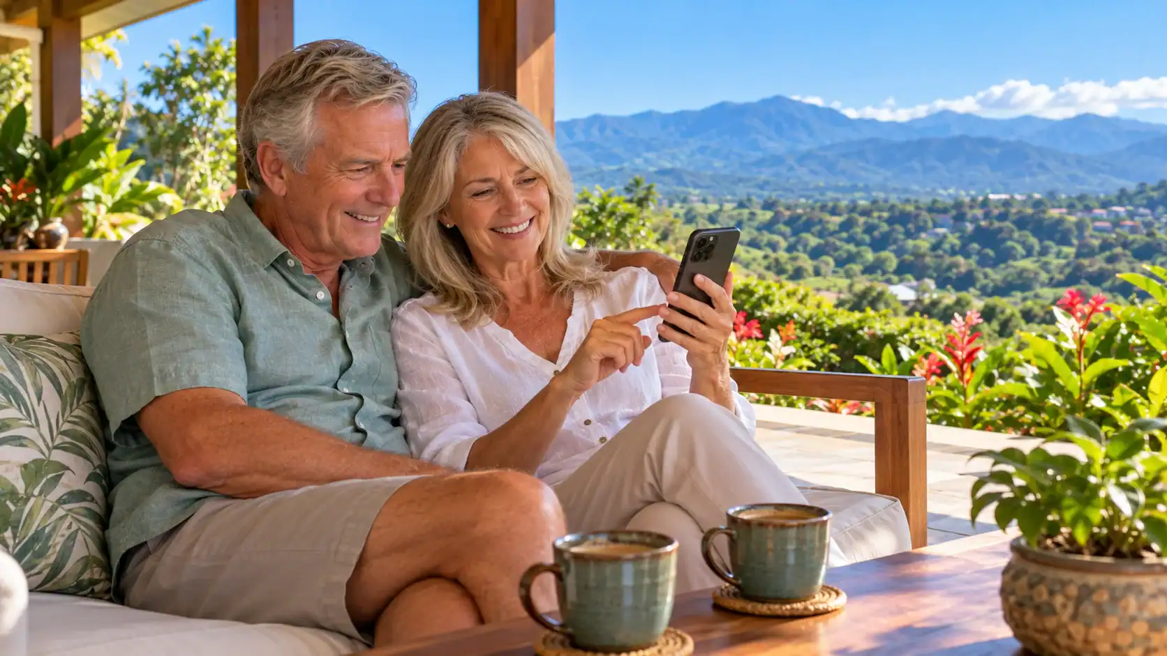 A relieved retired couple on their porch in Costa Rica with a phone, mountains behind