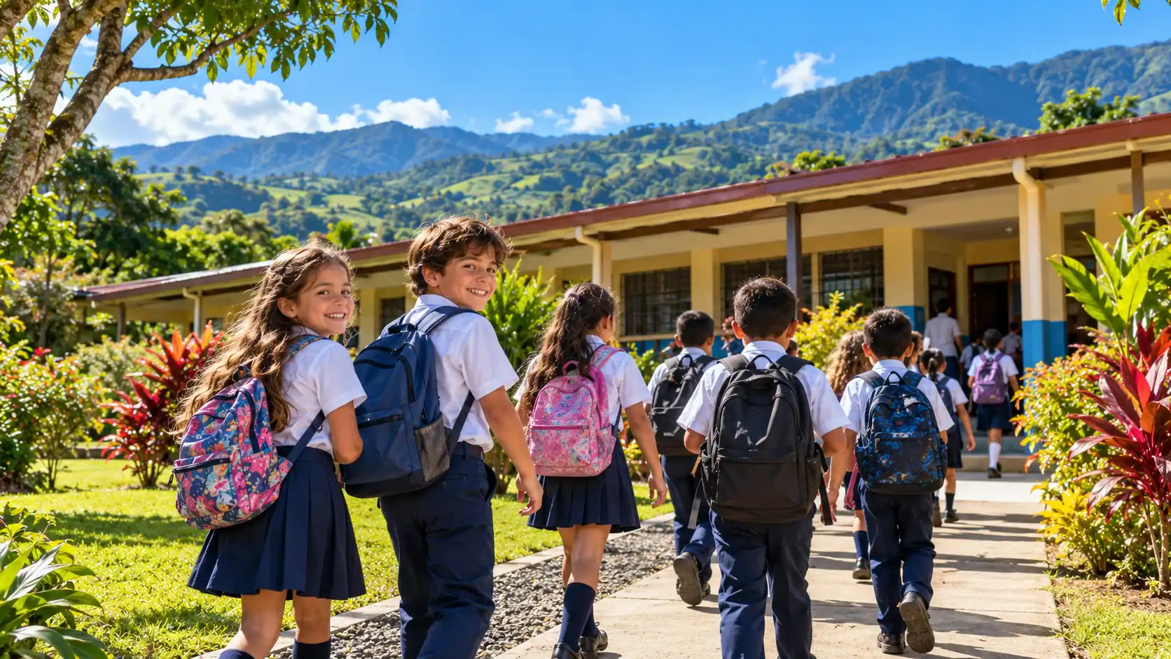 Costa Rican children in school uniforms walking to a public school in the Central Valley
