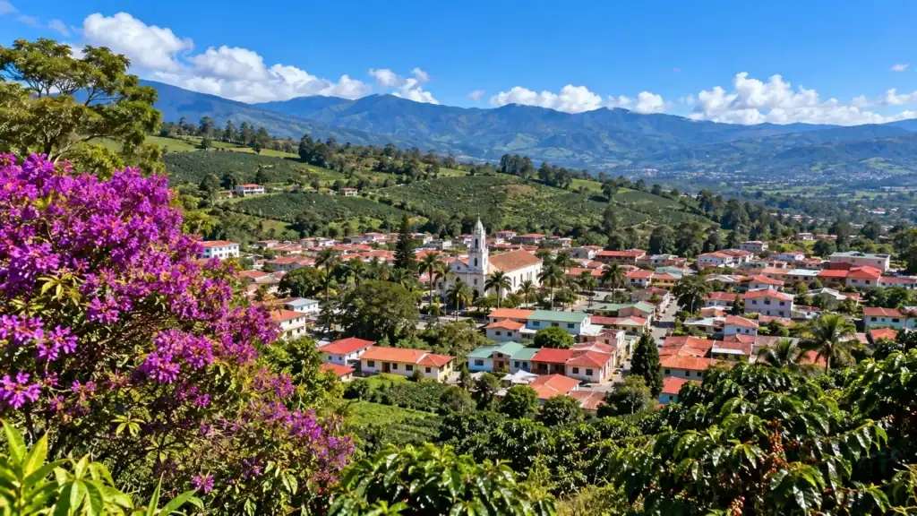 A Costa Rican highland town with red roofs and a white church surrounded by coffee fields on a sunny day
