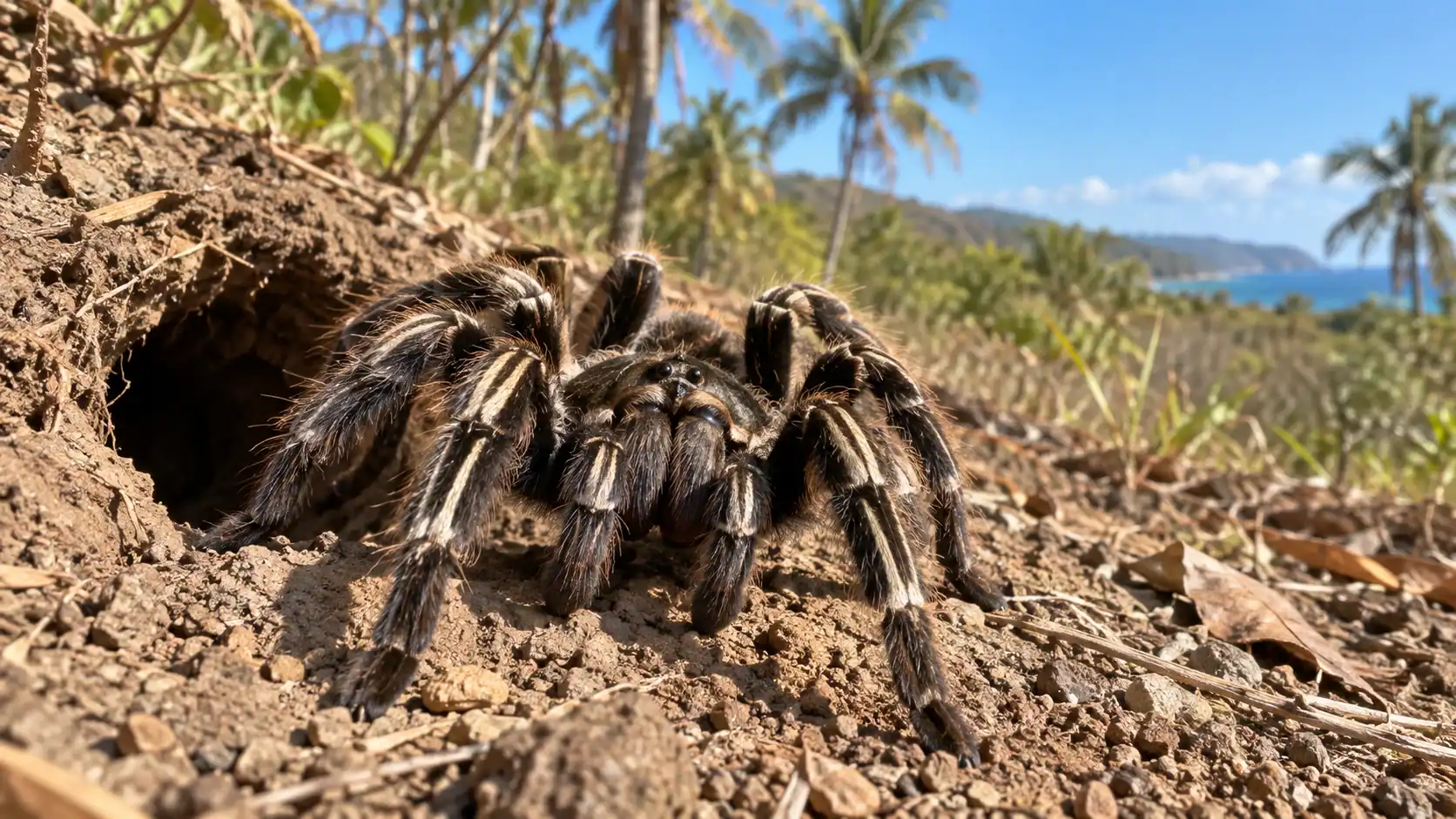 Costa Rican zebra tarantula with striped legs at the entrance of its burrow on a sunny Guanacaste hillside