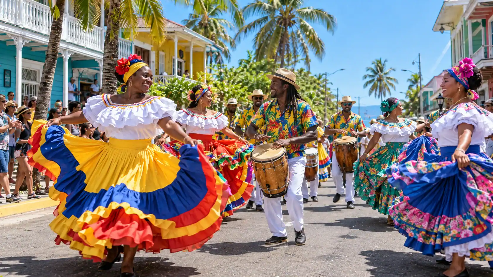 Dancers in long ruffled skirts and drummers at a carnival parade in Limón, Costa Rica