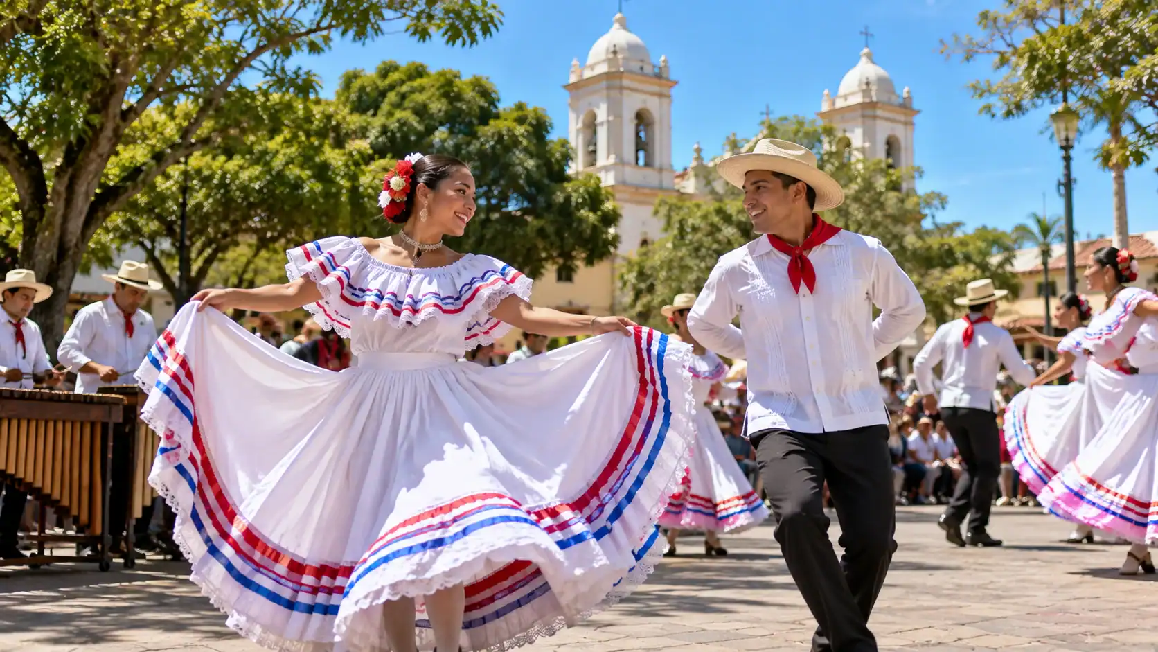 Dancers in traditional dress at a Guanacaste Day celebration in Liberia, Costa Rica