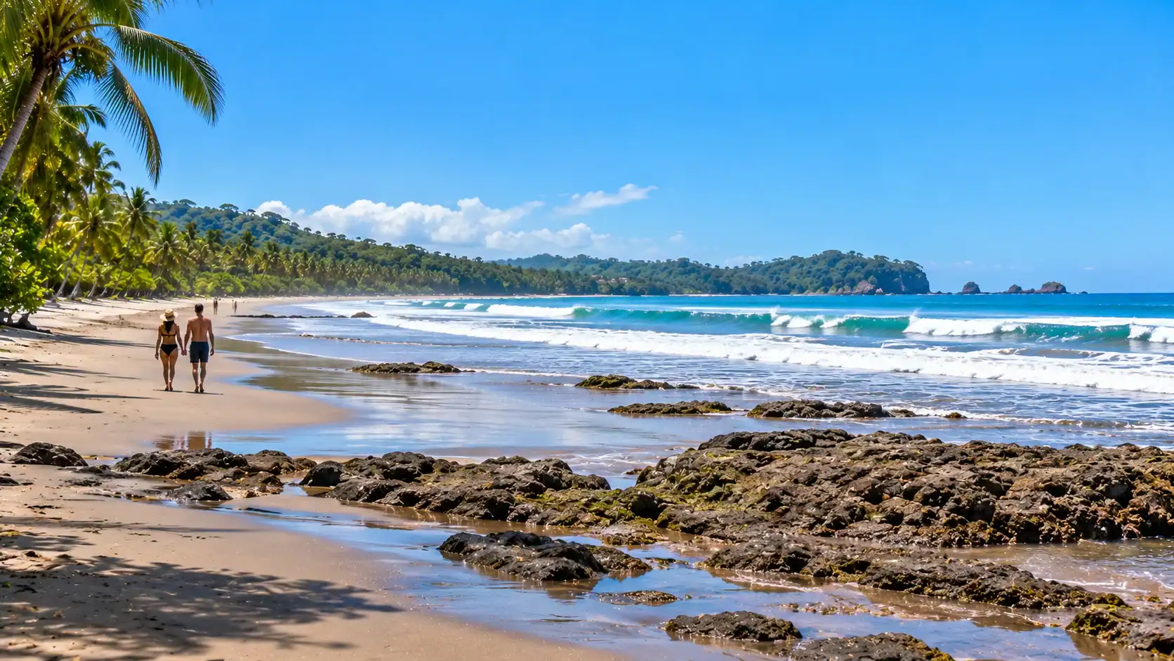 Waves and rocks at low tide on Esterillos Oeste beach, Costa Rica
