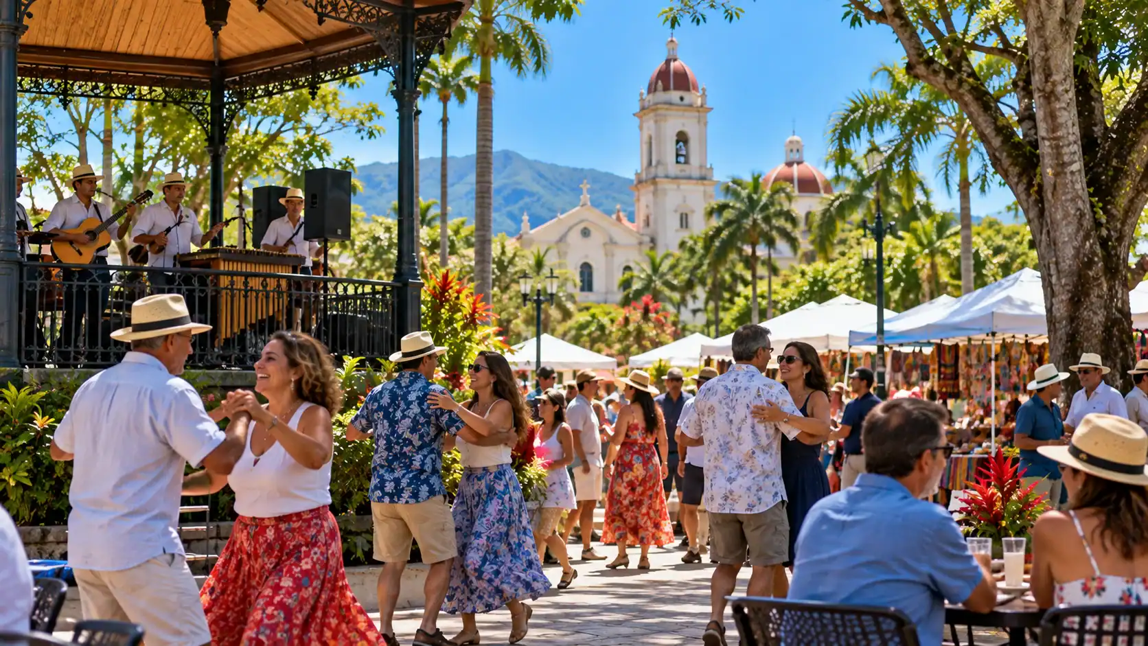 Families enjoying a cultural fair with music in a Costa Rican town plaza