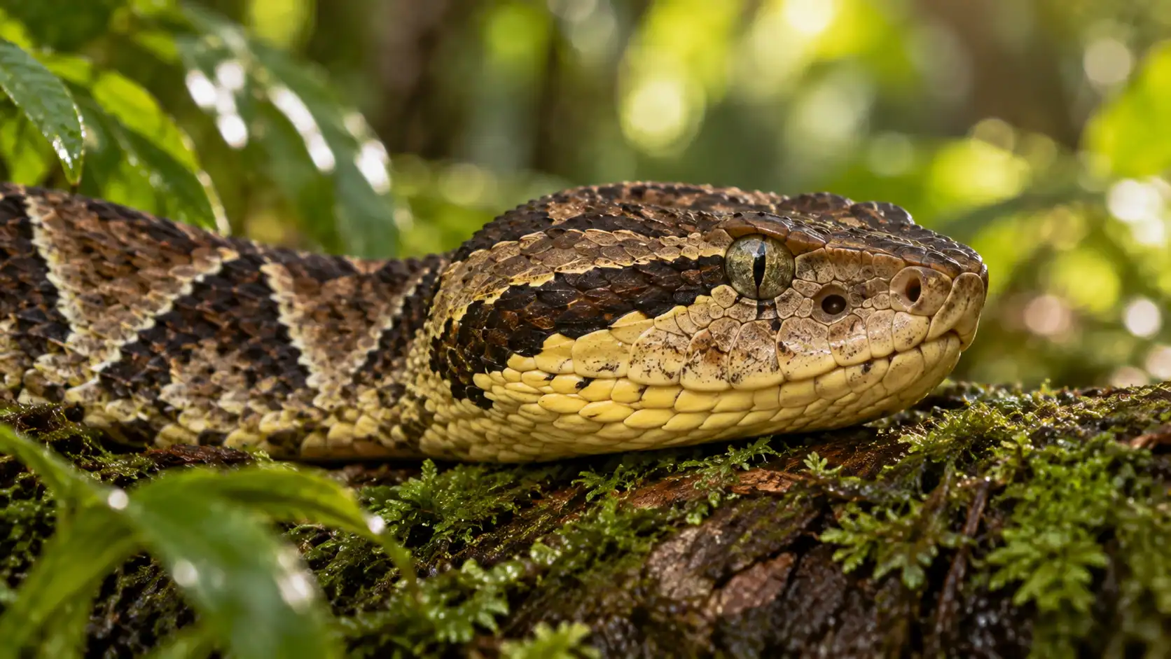 Close-up of a fer-de-lance head showing the heat-sensing pit, vertical pupil, dark stripe behind the eye and pale yellow chin