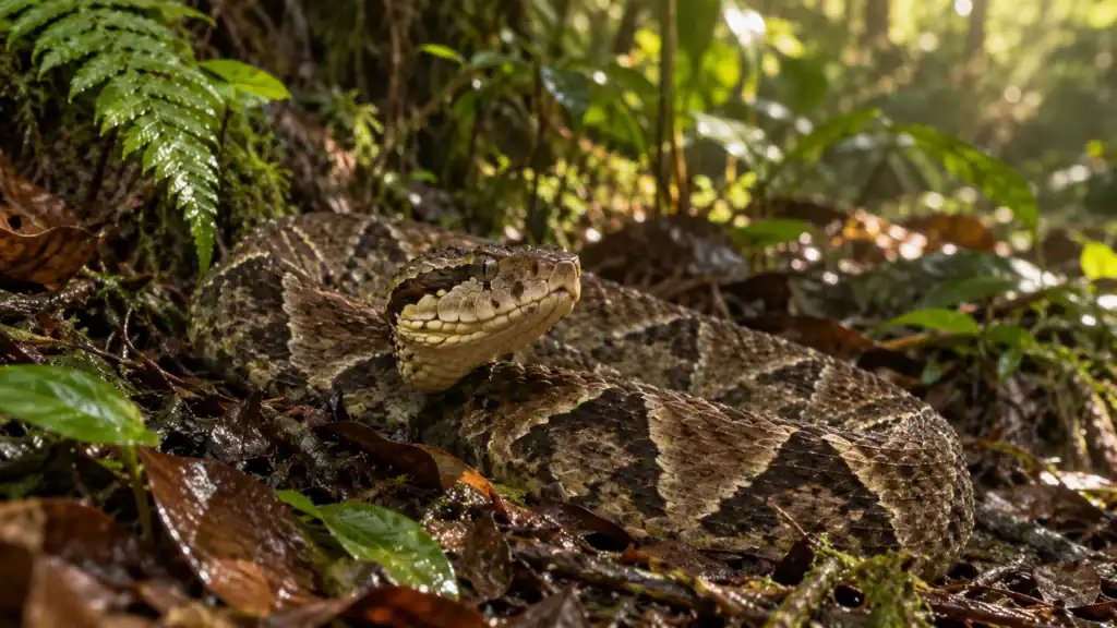 A fer-de-lance (terciopelo, Bothrops asper) coiled on the rainforest floor in Costa Rica, showing its triangular head and pale-edged dark triangle pattern