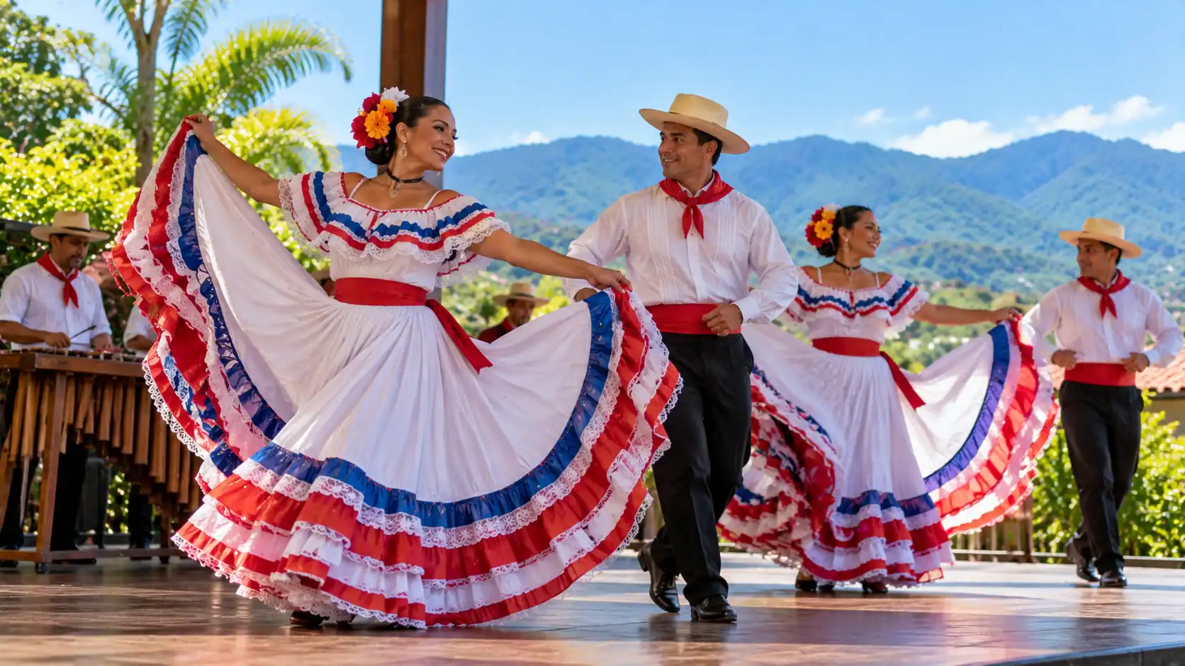 Folkloric dancers in traditional Guanacaste dresses performing on a stage
