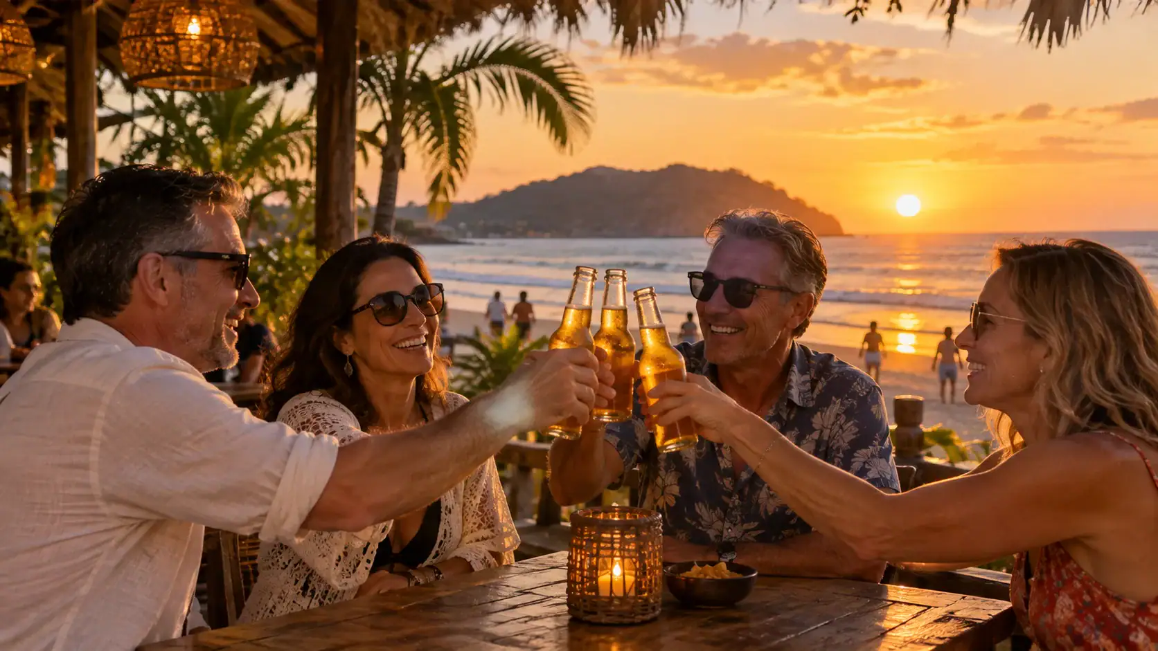 Friends toasting with cold beers at a beach bar in Costa Rica at sunset
