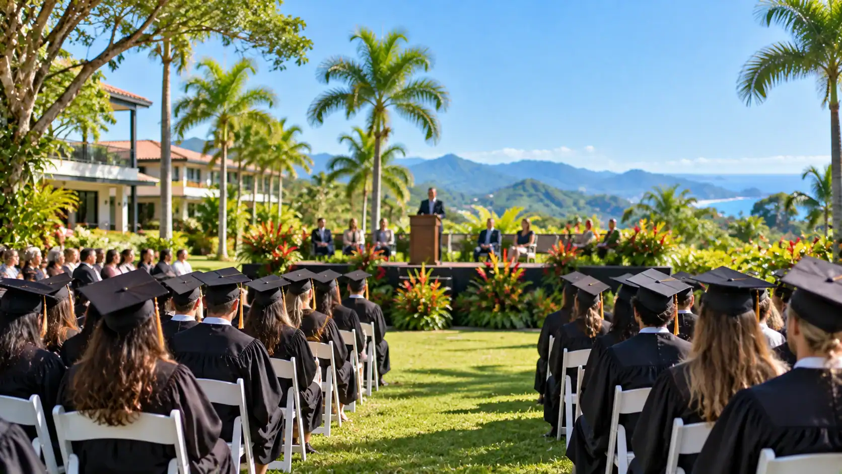 Graduates in caps and gowns at an outdoor ceremony on a school lawn in Costa Rica