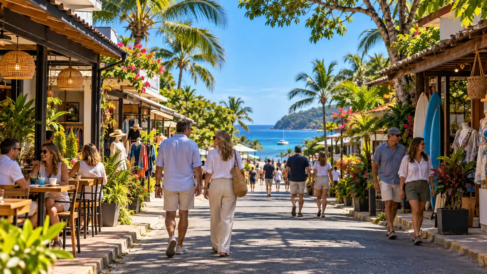 People walking along a palm-lined beach-town street with cafes and the ocean ahead in Guanacaste, Costa Rica