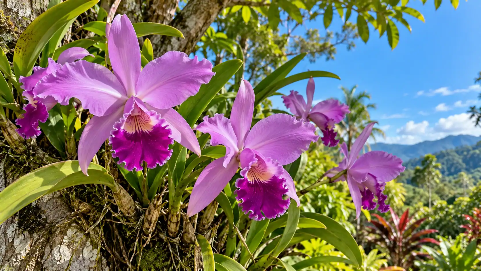 Pink-purple orchids on a tree trunk in a sunny Costa Rican garden, similar to the guaria morada, Costa Rica’s national flower