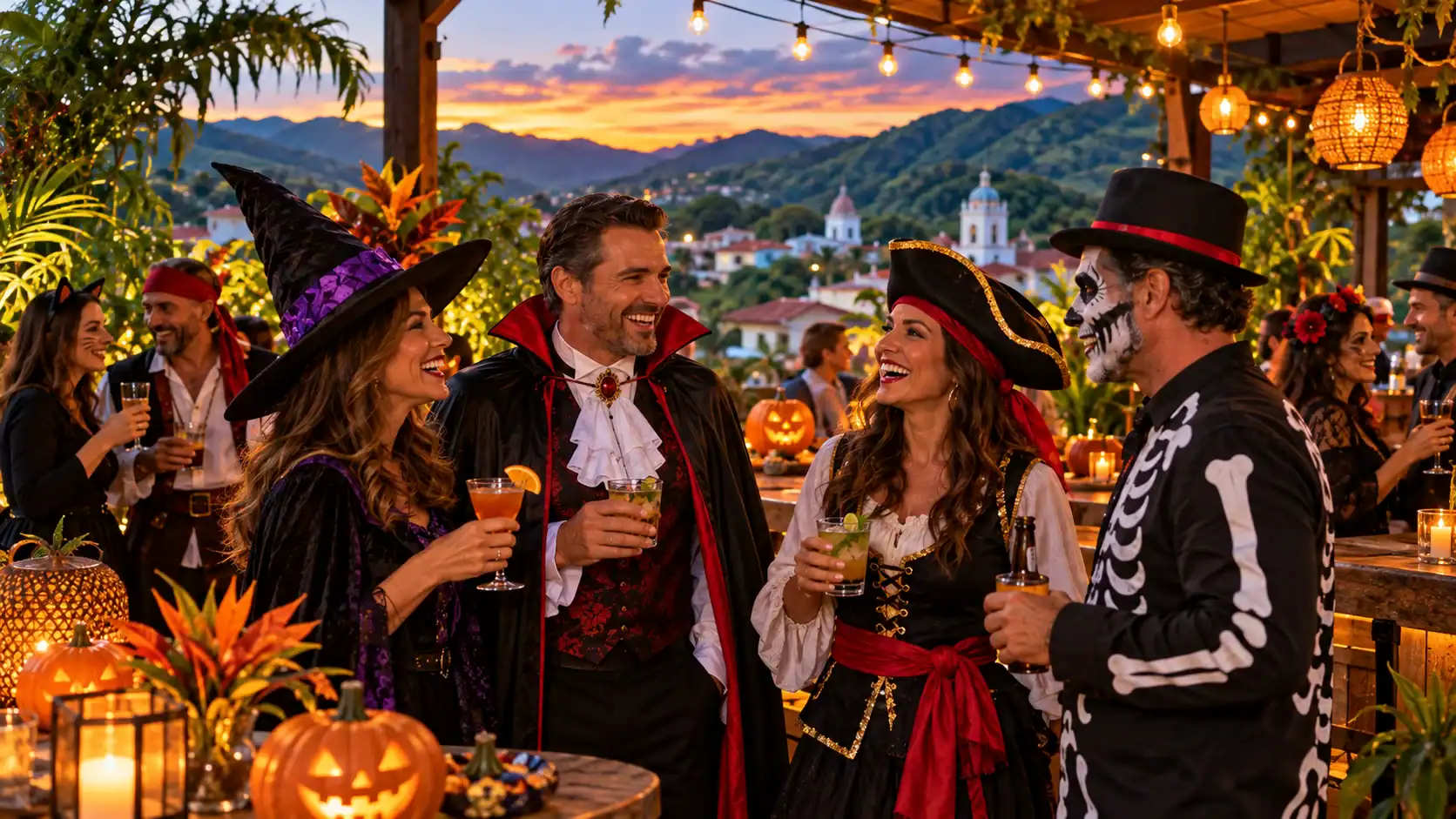 Adults in Halloween costumes at a costume party on a bar terrace in Costa Rica