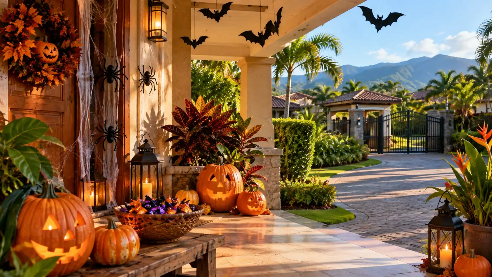 Halloween pumpkins, bats and a bowl of candy on a house porch in a gated community in Costa Rica