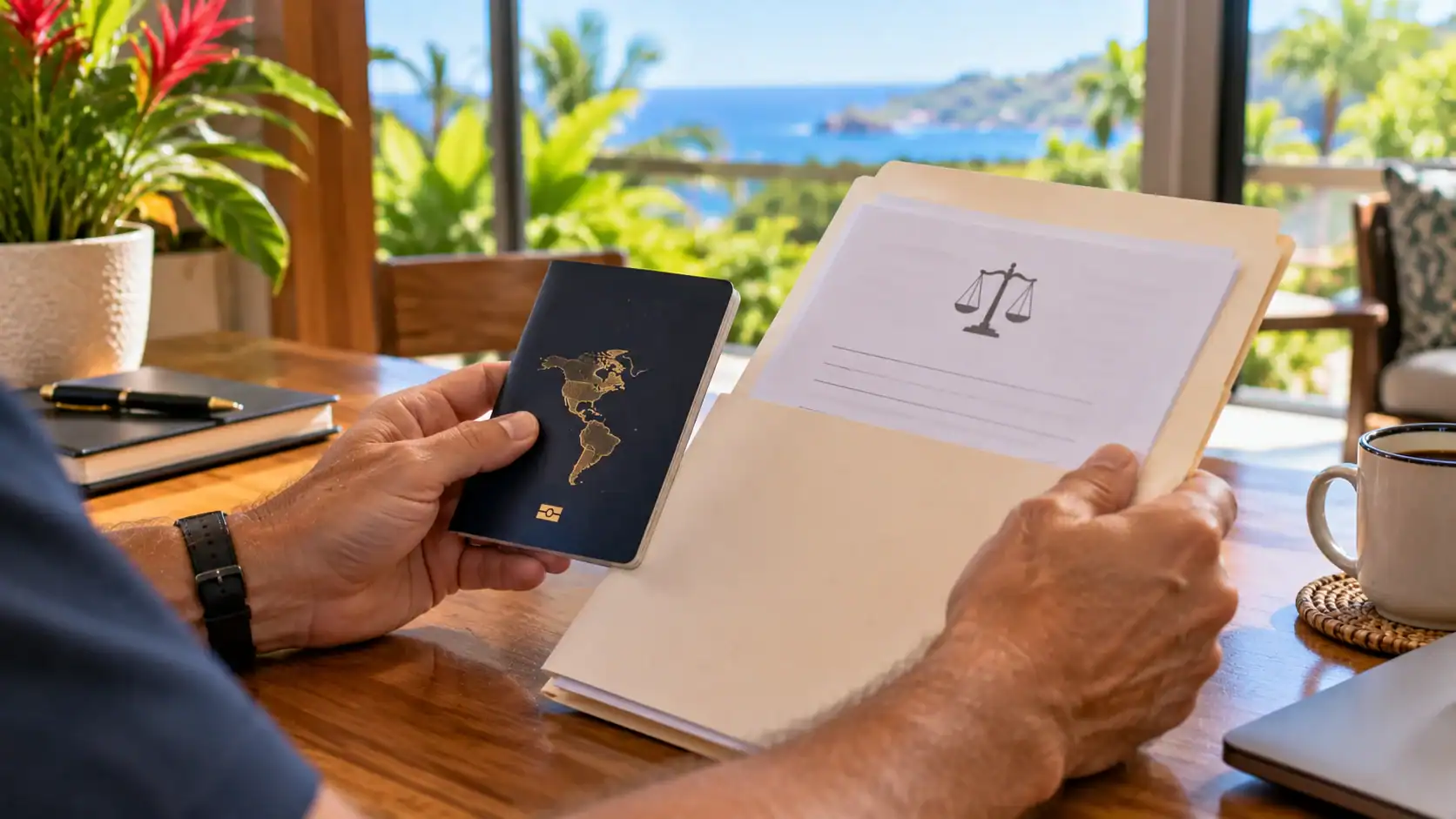 Hands holding a passport and a court records folder at a table
