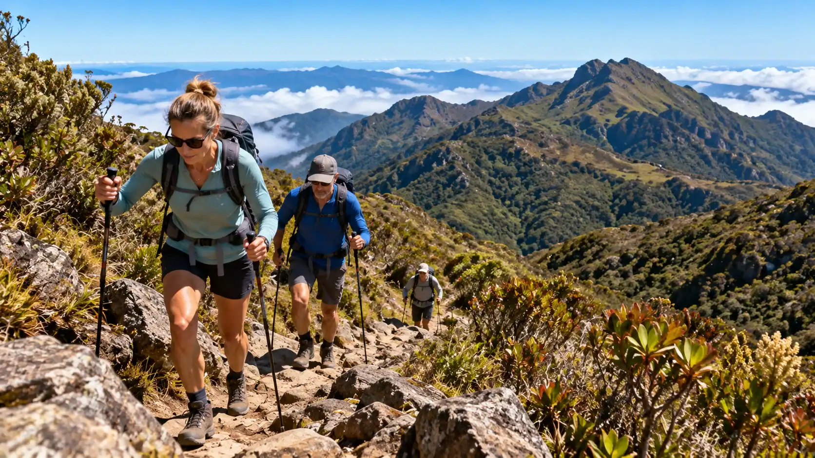Hikers climbing the rocky high-altitude trail on Cerro Chirripó, Costa Rica