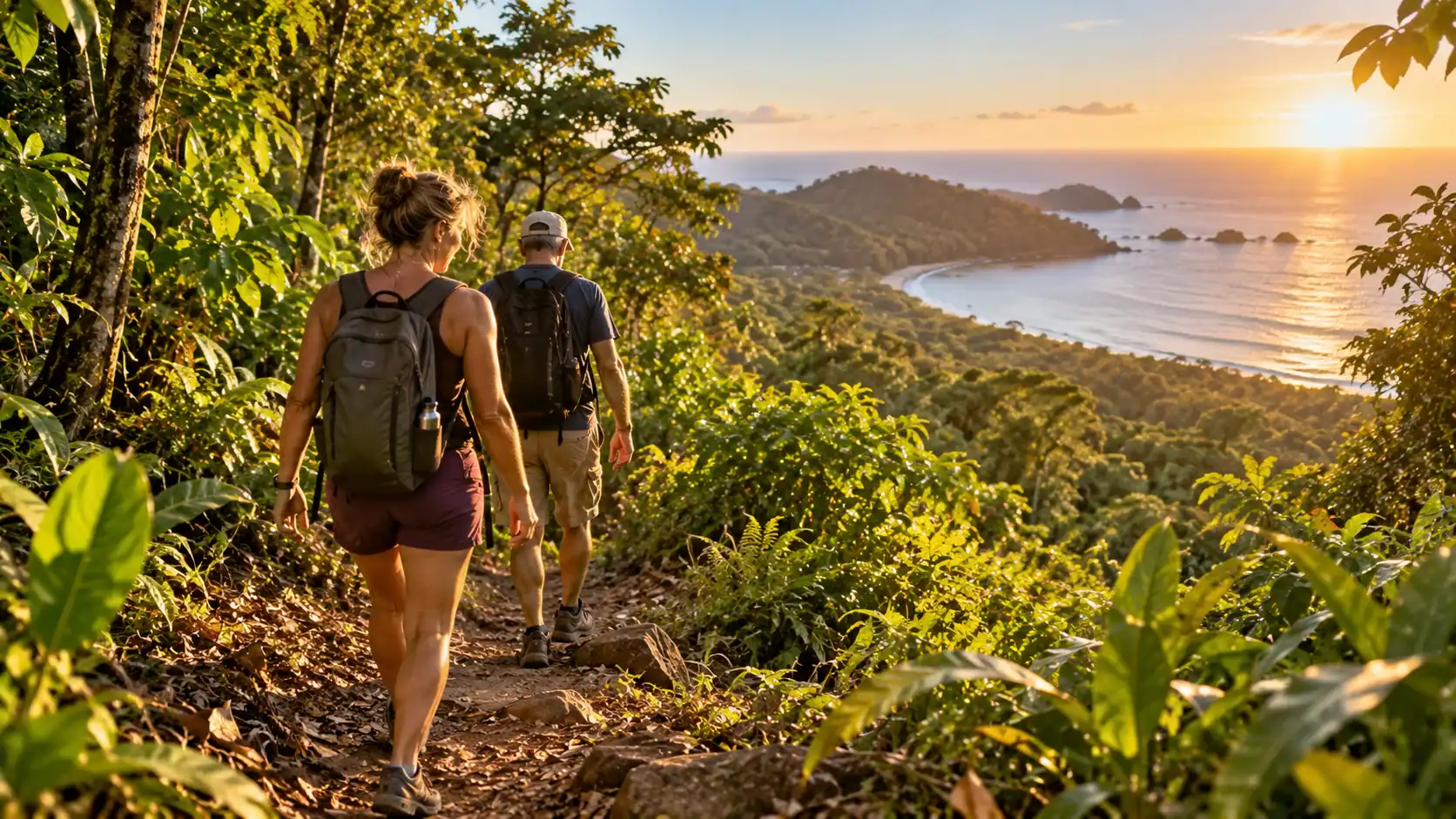 Hikers returning down a jungle trail in late-afternoon light in Costa Rica