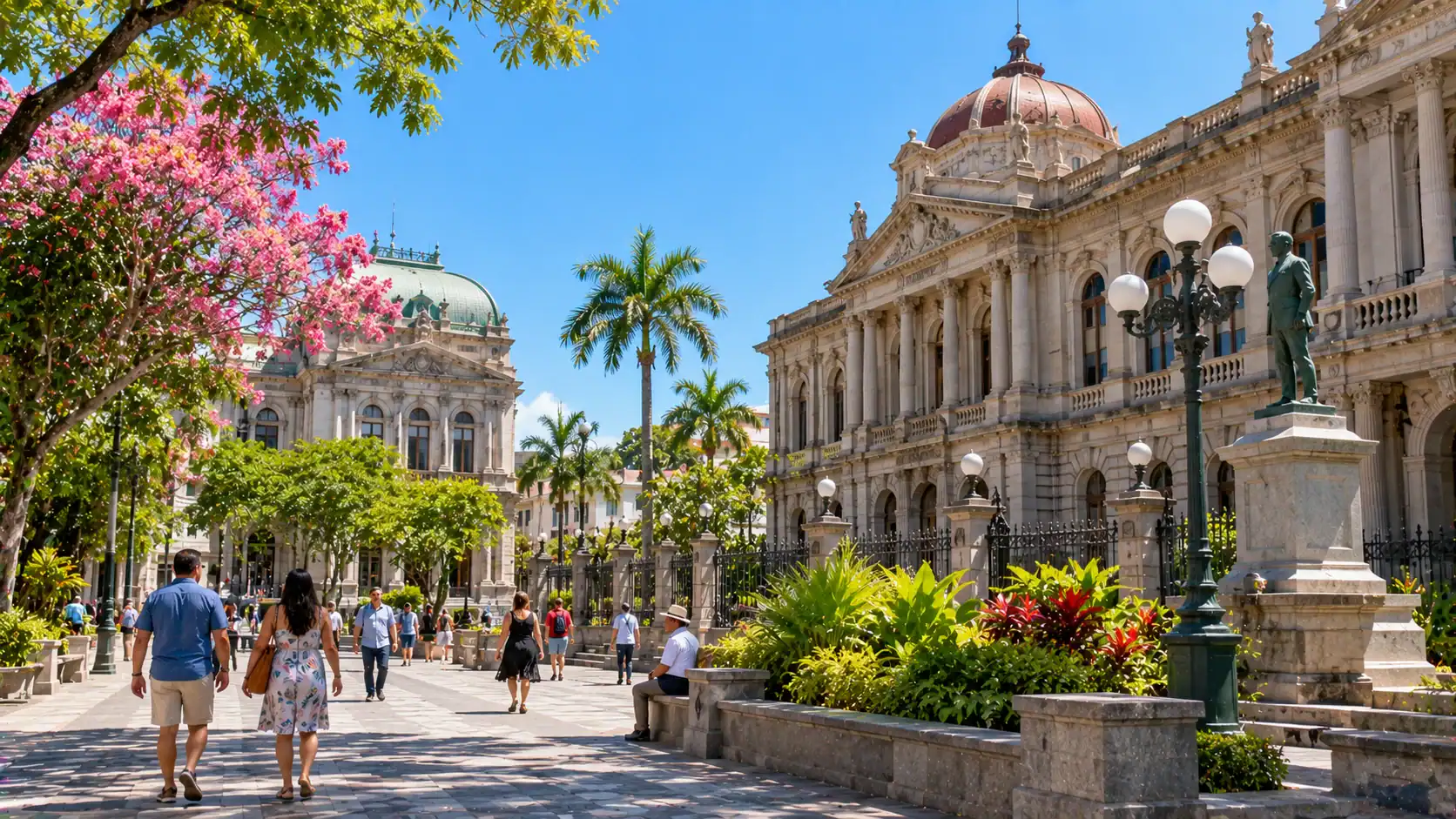Historic government buildings in downtown San José under blue sky
