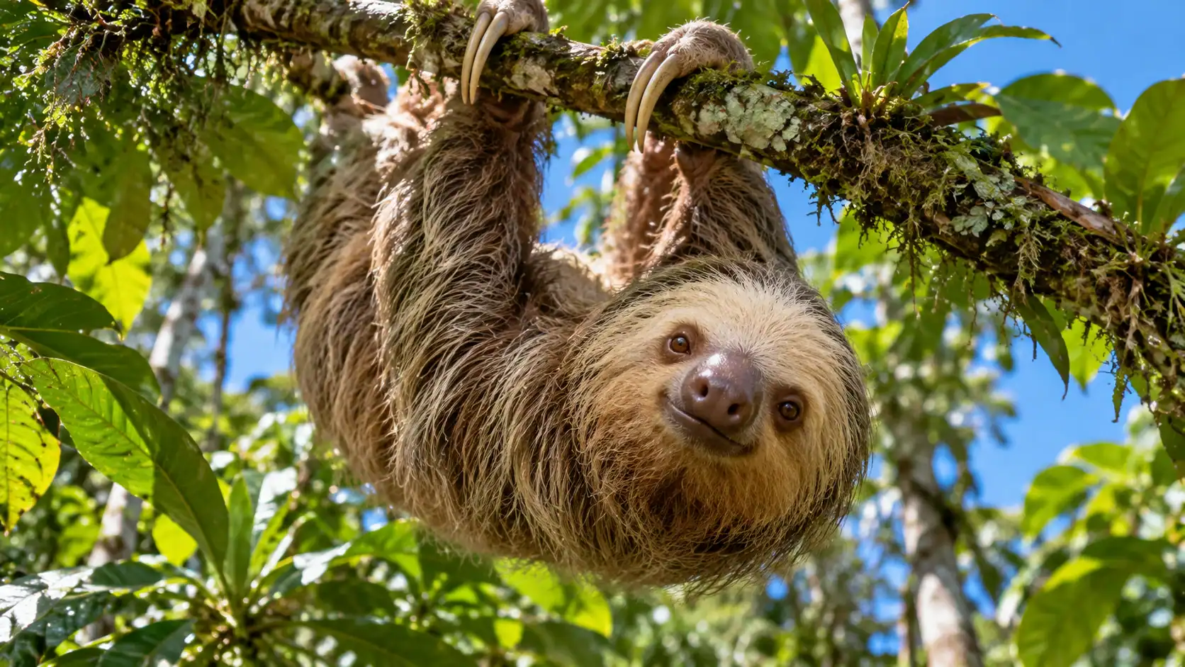 A Hoffmann’s two-toed sloth hanging from a mossy branch in the Costa Rican rainforest, showing two claws on each front limb