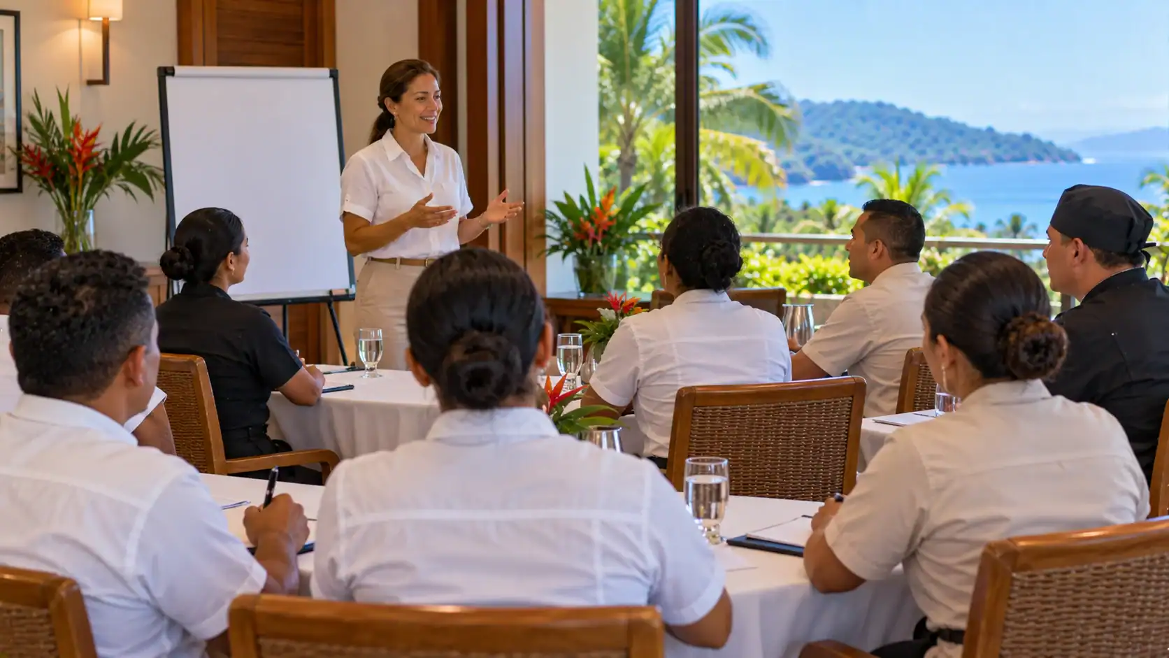 Hotel staff attending a child-protection training session in a hotel meeting room