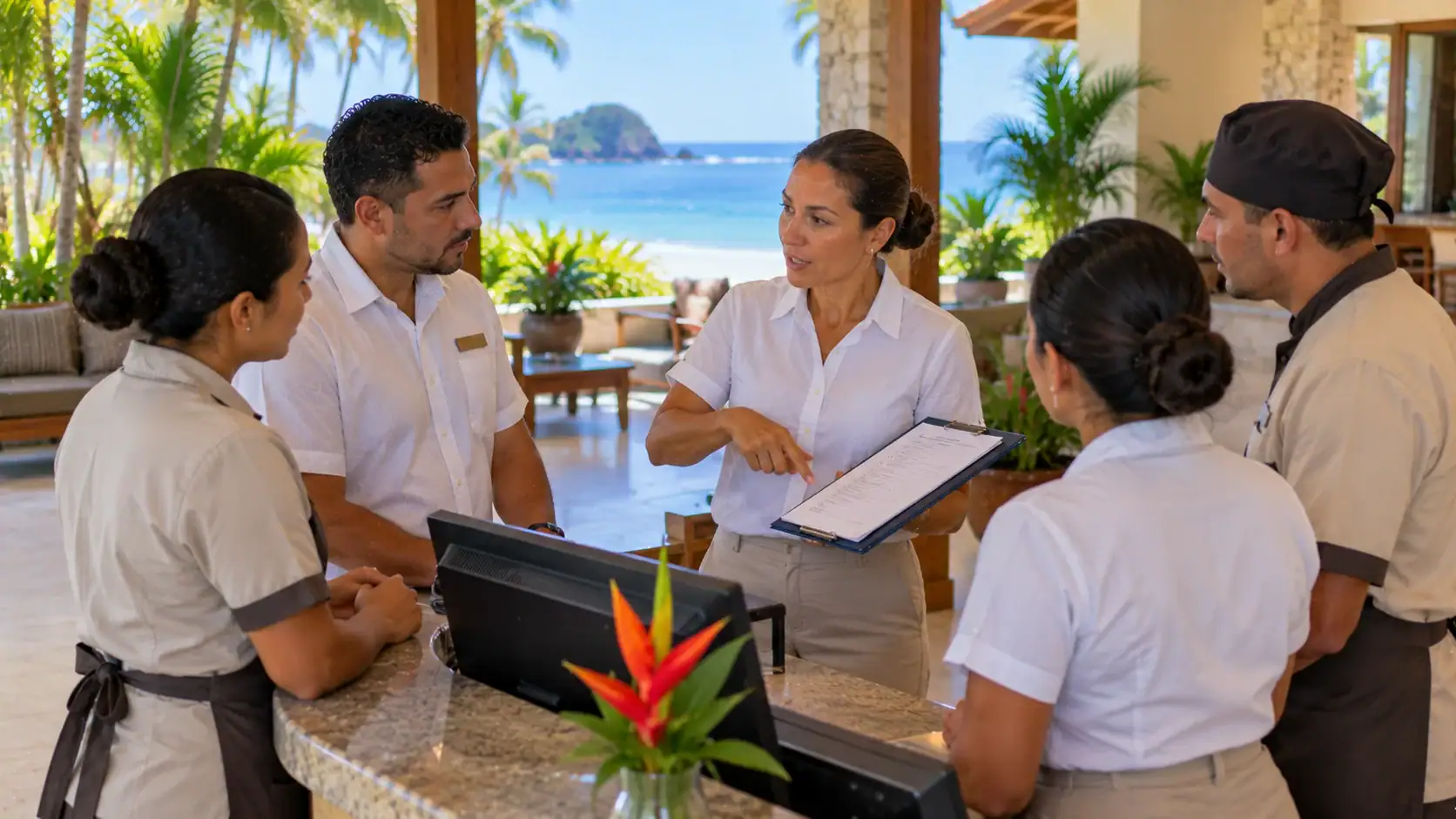 Hotel staff reviewing guest safety procedures at a beach hotel reception