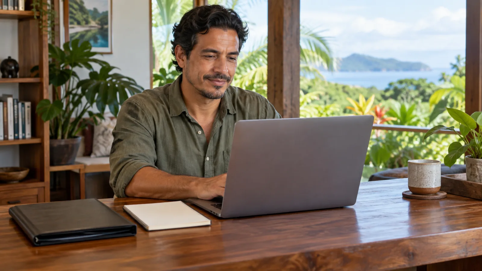Applicant checking an immigration status reference at a Costa Rican home office.