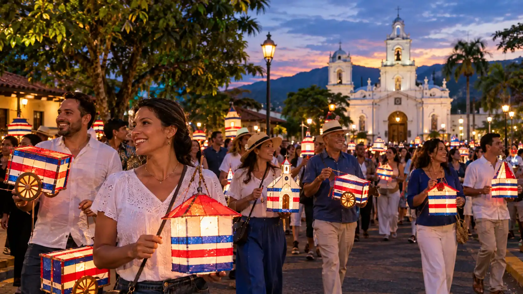 Adults carrying blue, white and red paper lanterns in an Independence Day lantern parade in Costa Rica