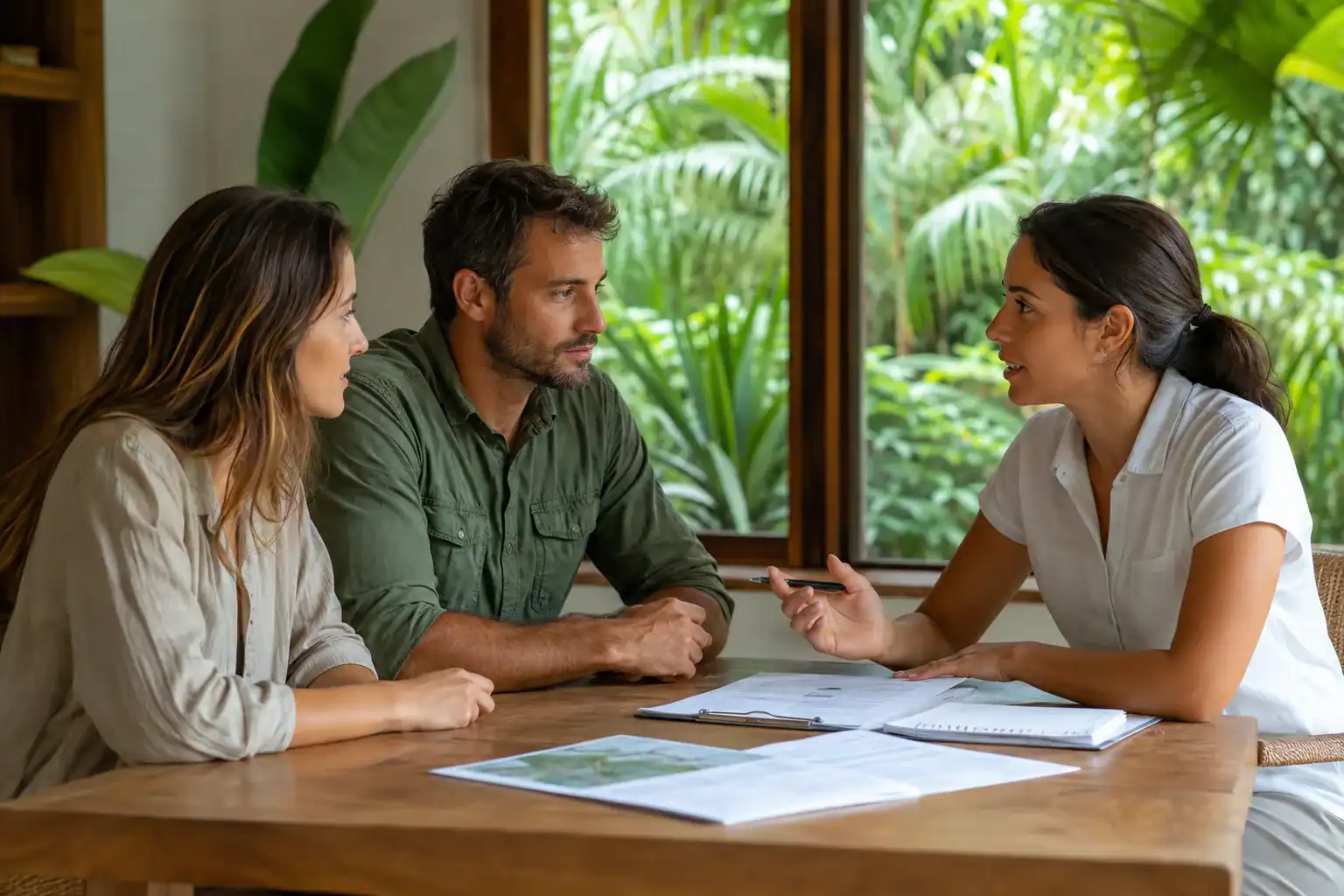 Three adults discussing documents around a desk
