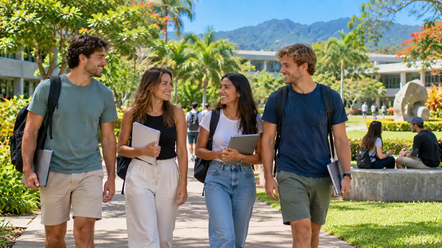 International students walking across a green university campus in Costa Rica