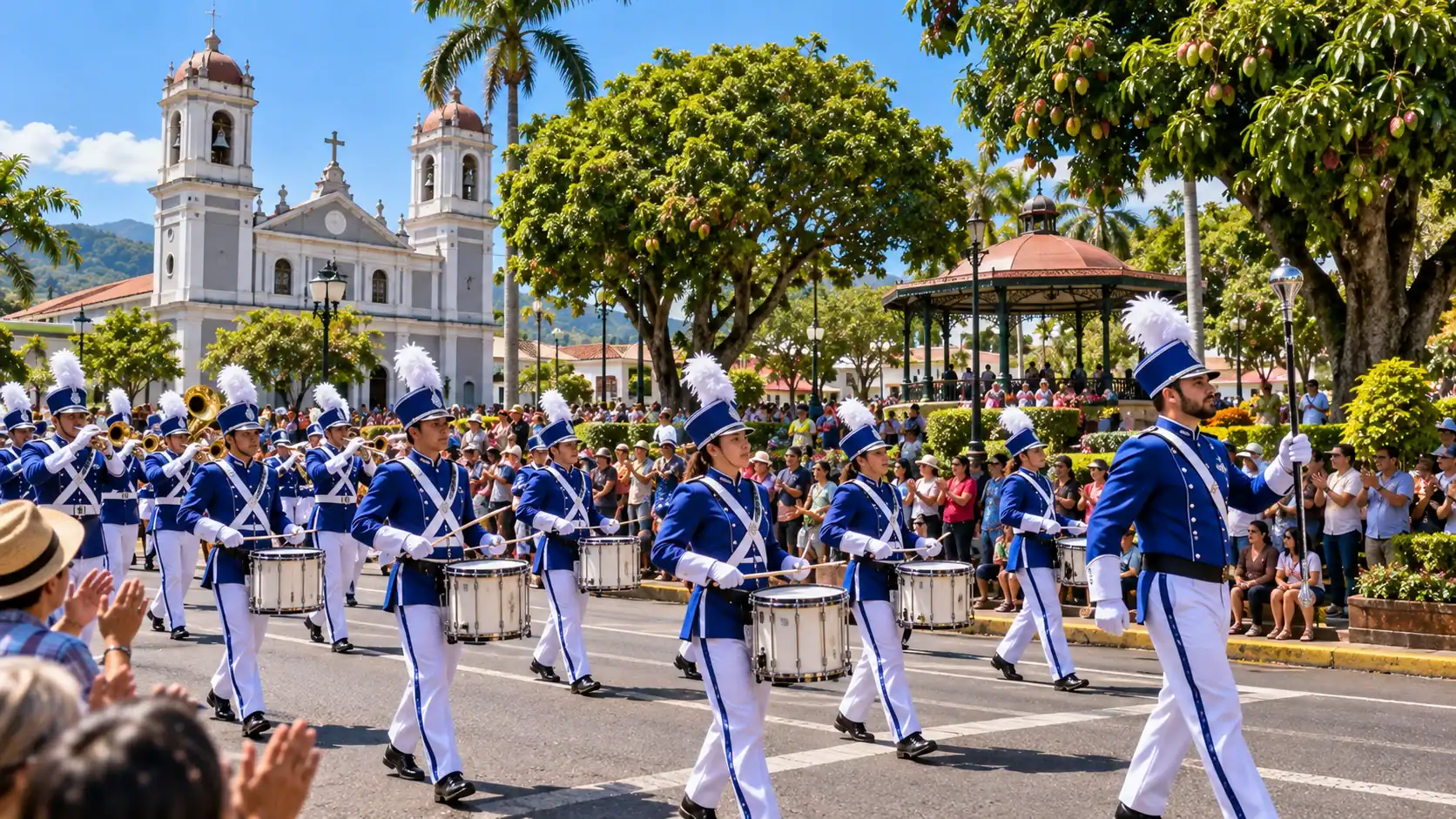 A marching band in blue and white uniforms at a Juan Santamaria Day parade in Alajuela, Costa Rica