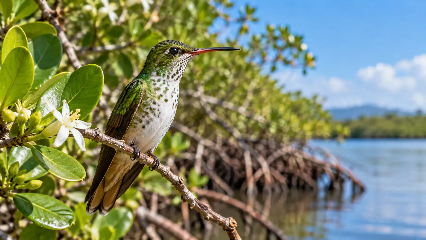 A mangrove hummingbird, found only on Costa Rica’s Pacific coast, perched on a mangrove twig above calm water