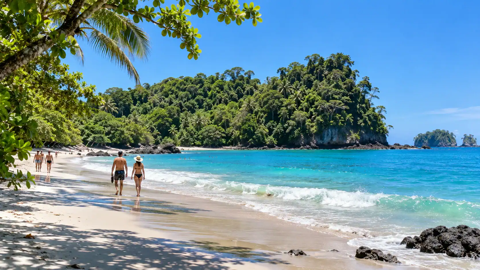 Manuel Antonio beach in Costa Rica with turquoise water, white sand and a jungle-covered headland