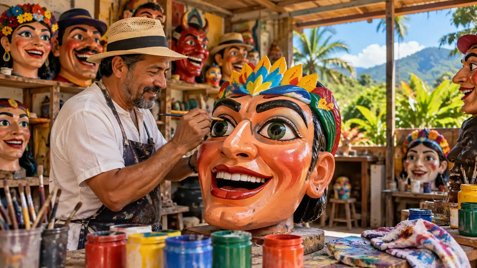 A craftsman painting a giant papier-mache mascarada mask in a workshop in Costa Rica
