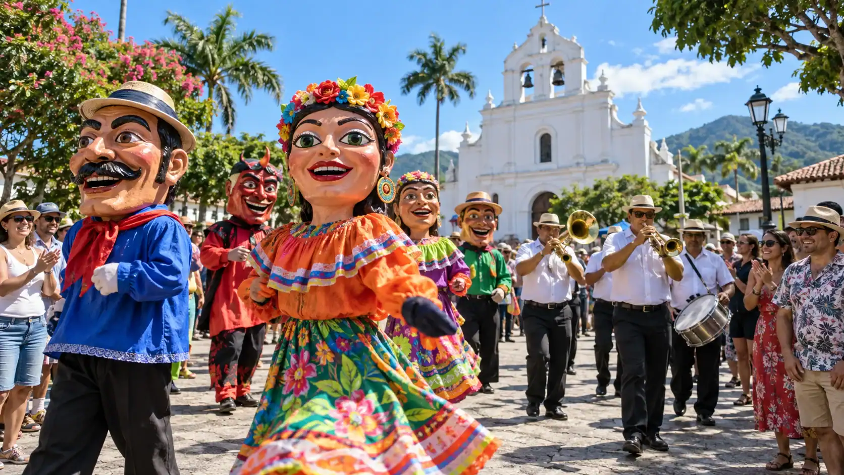 Traditional mascarada parade with giant handmade masks and a brass band in a Costa Rican town square