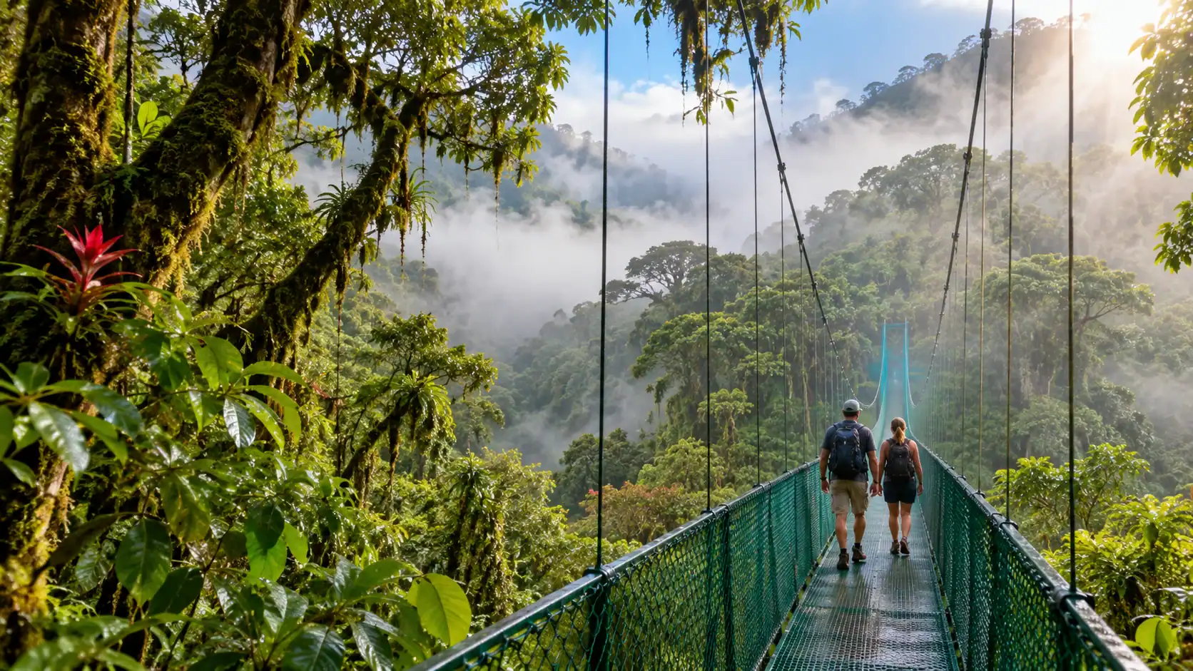 Misty cloud forest with a hanging bridge in Monteverde, Costa Rica