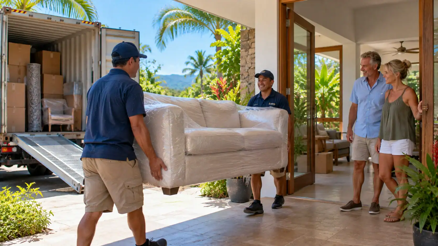 Movers carrying a sofa from a shipping container into a house in Costa Rica