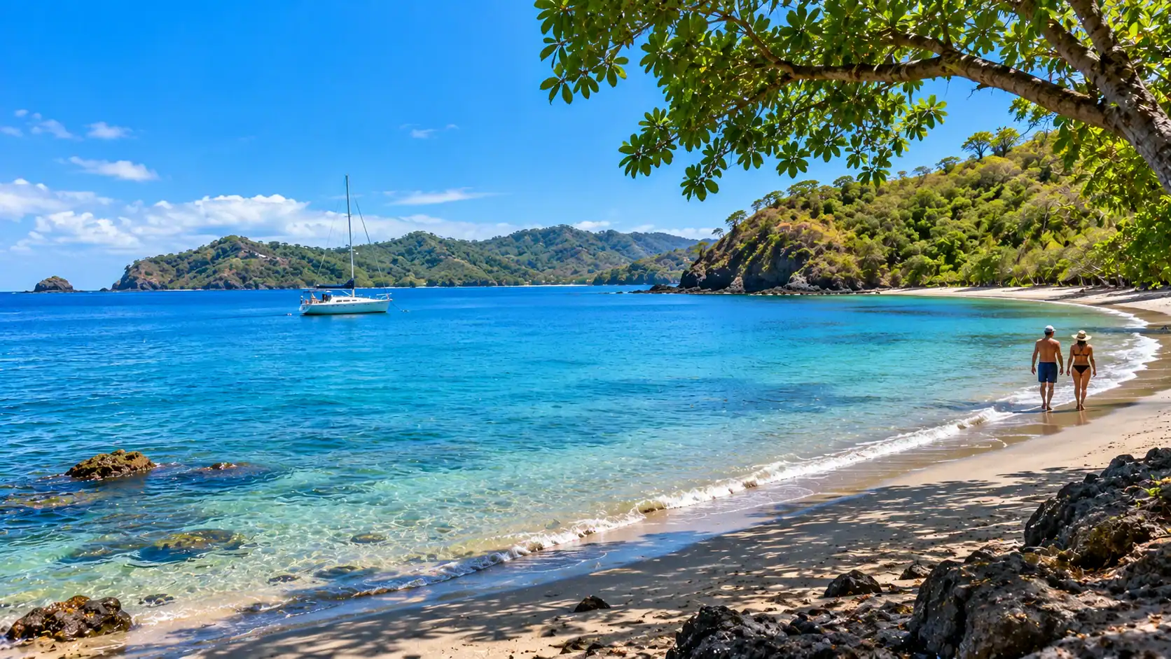 A sailboat in a calm bay on the Gulf of Papagayo in Guanacaste, Costa Rica