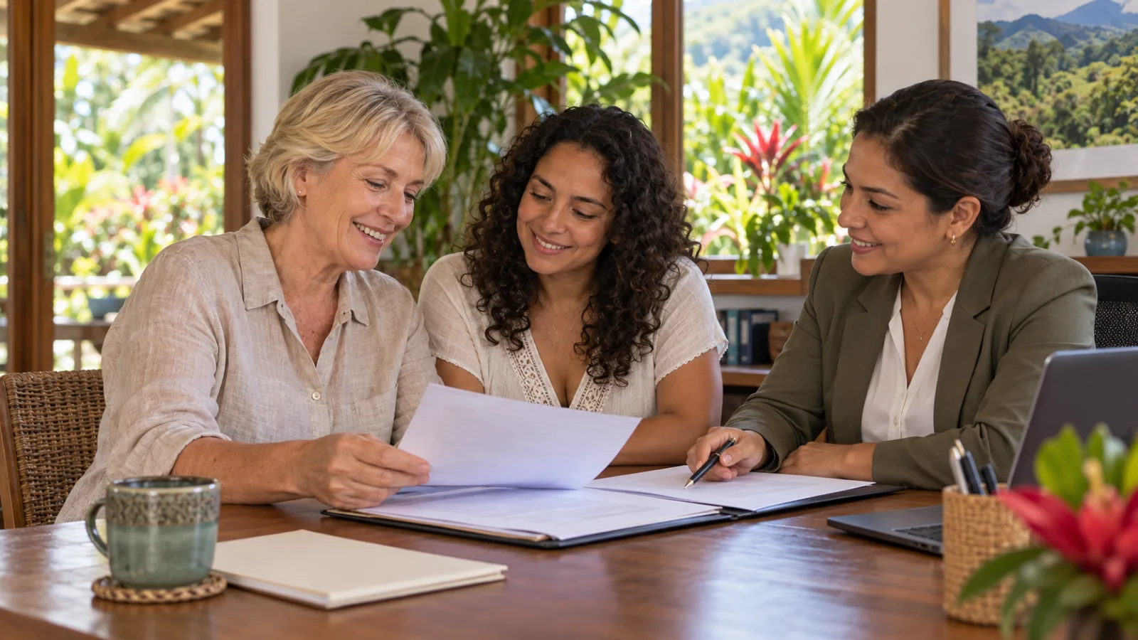 Parent and her Costa Rican adult daughter reviewing residency documents with a Costa Rica immigration adviser
