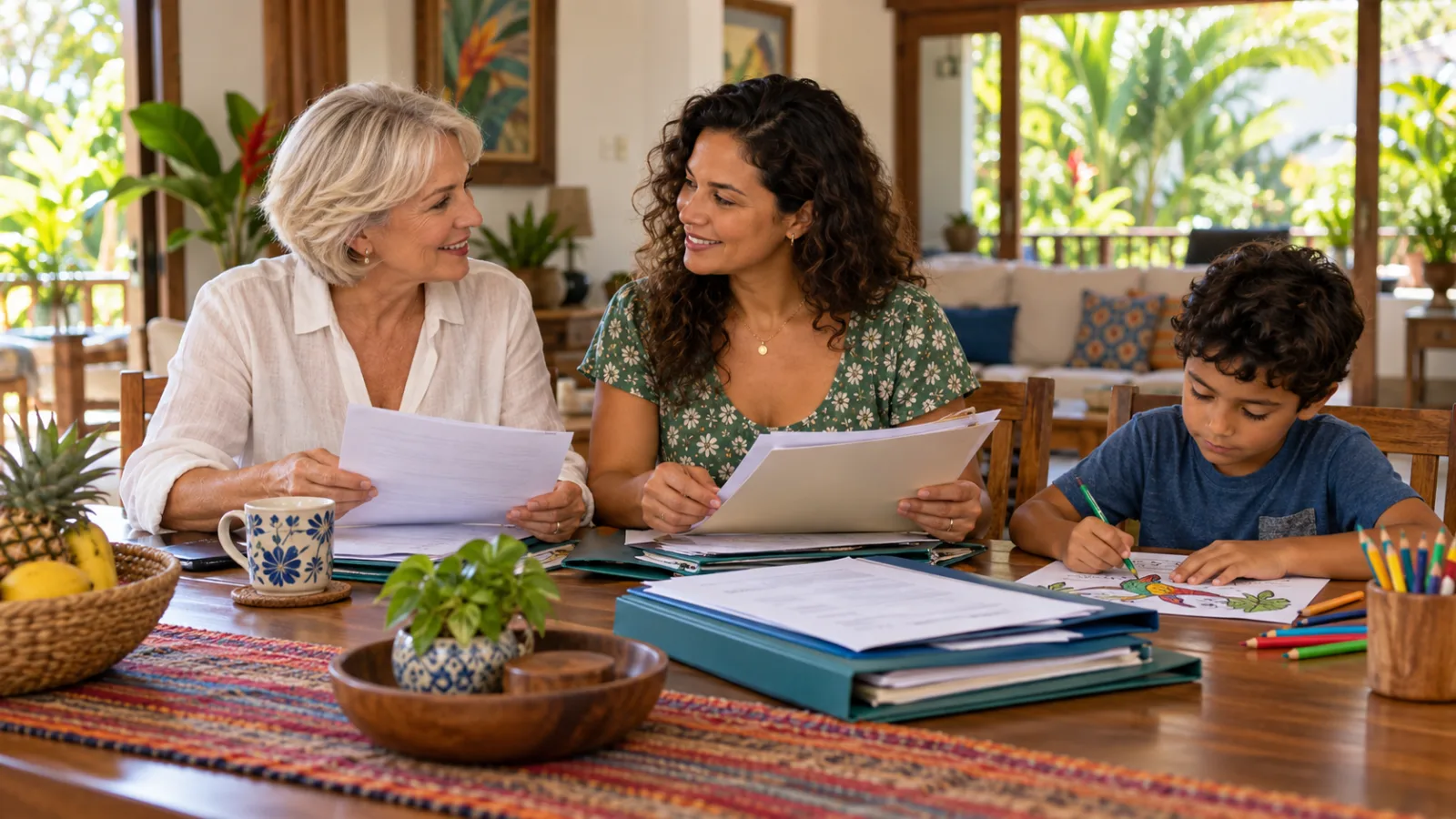 Parent and her Costa Rican daughter organizing residency documents together at home in Costa Rica