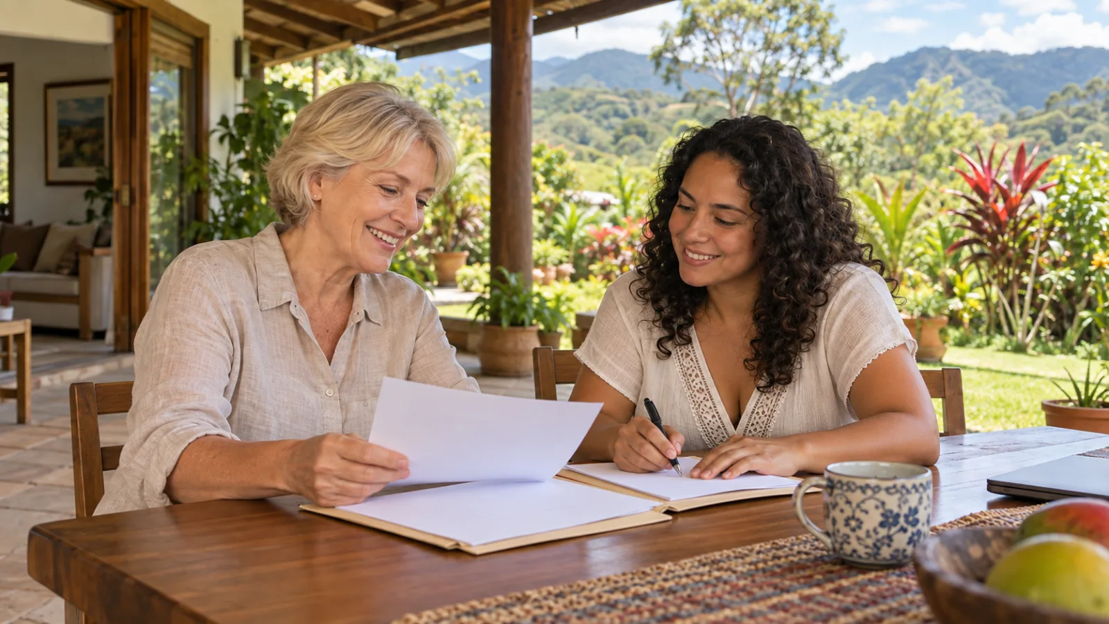 Parent and her Costa Rican adult daughter organizing residency documents at their Costa Rica home