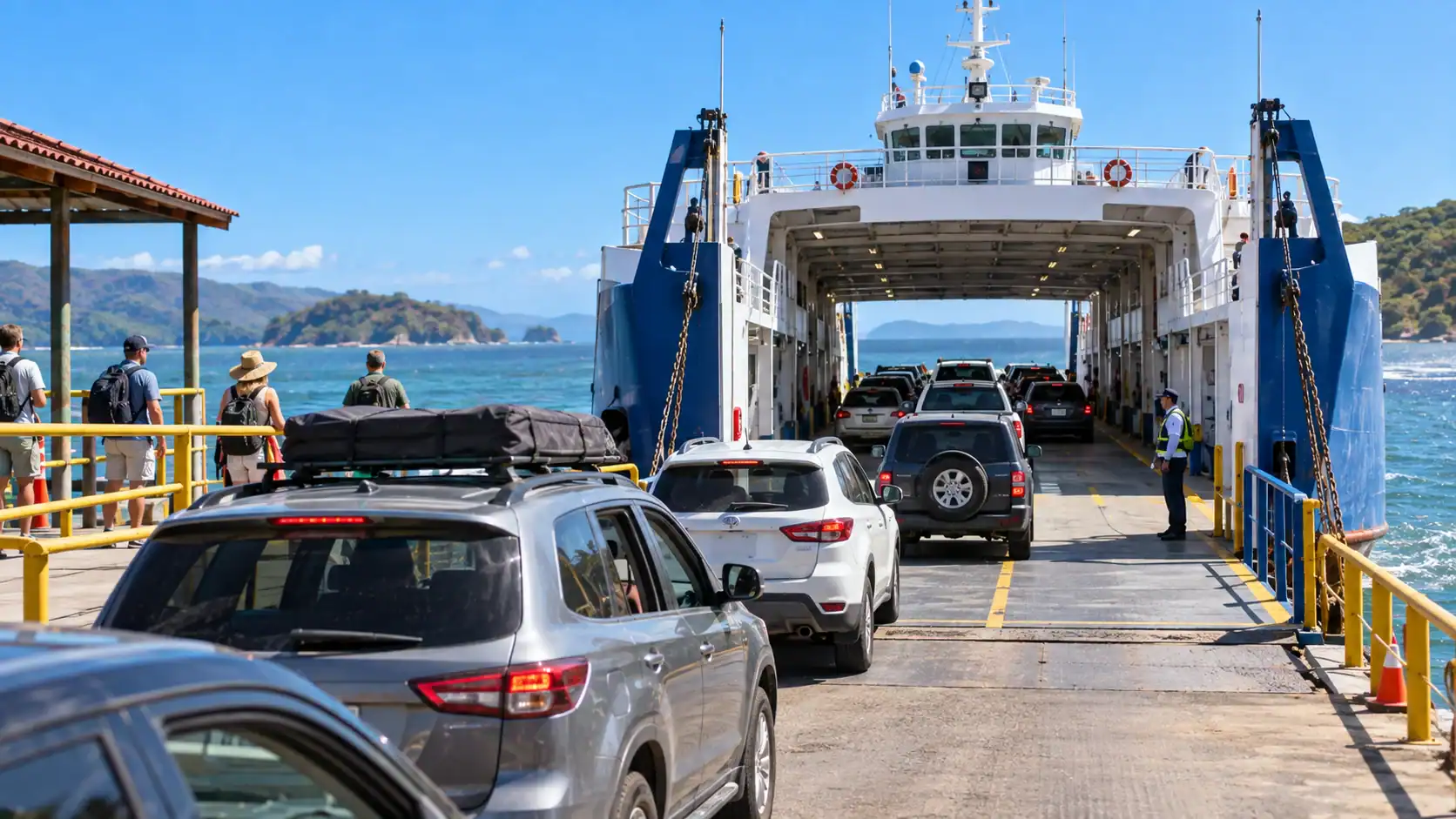 Passengers boarding a car ferry in the Gulf of Nicoya, Costa Rica, under blue sky